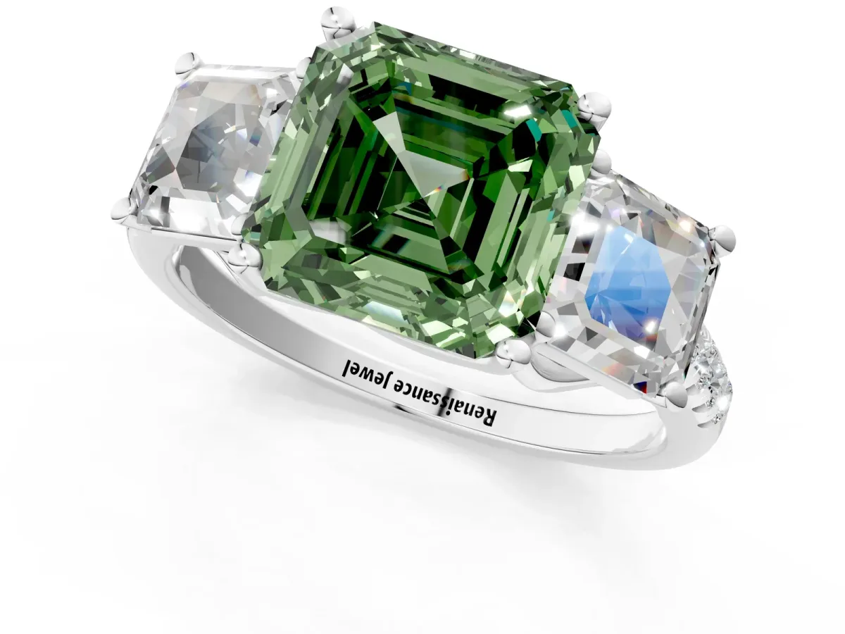 Fancy Green Three-Stone Asscher Cut Diamond Ring with Round Pavé Band and Prong Setting Platinum