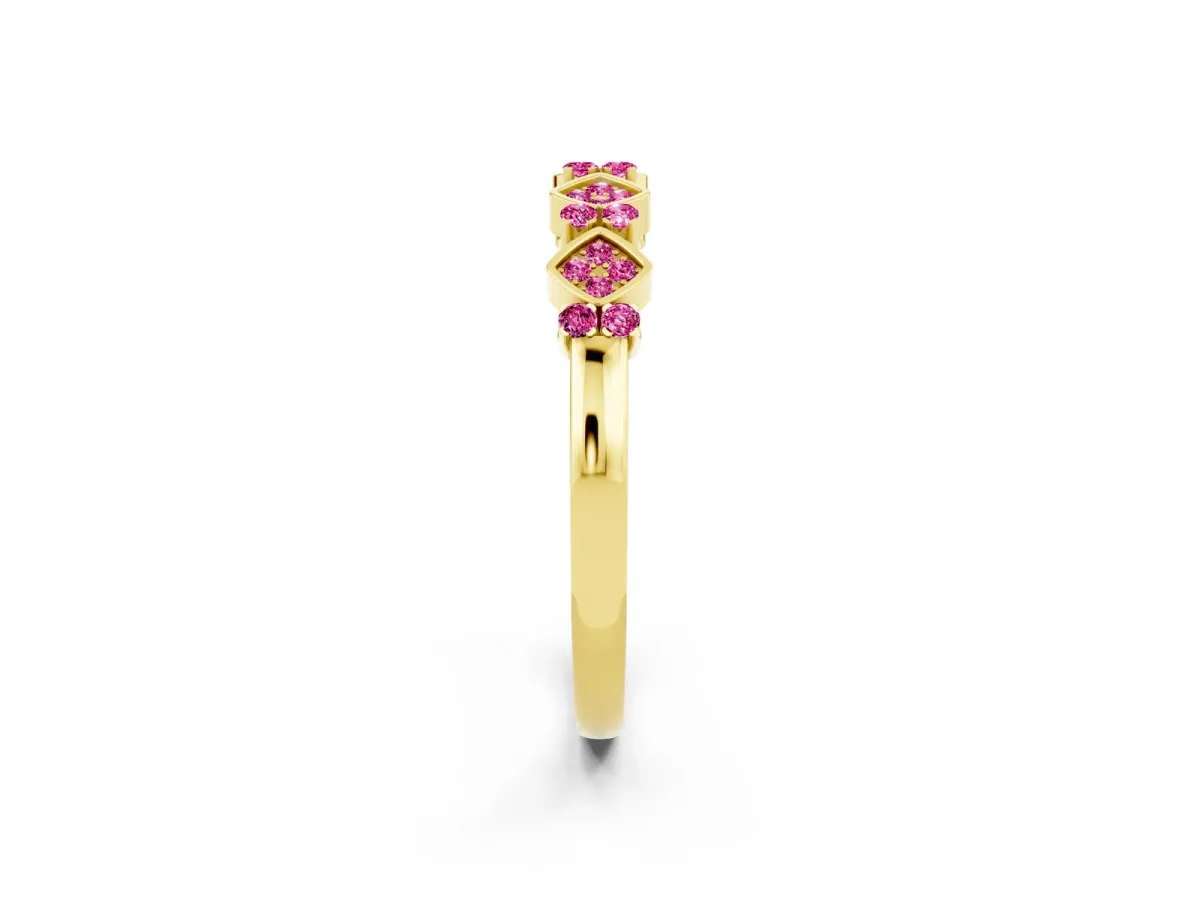 Pavé Cushion Pink Sapphire Cluster Eternity Band with Prong Setting Yellow gold