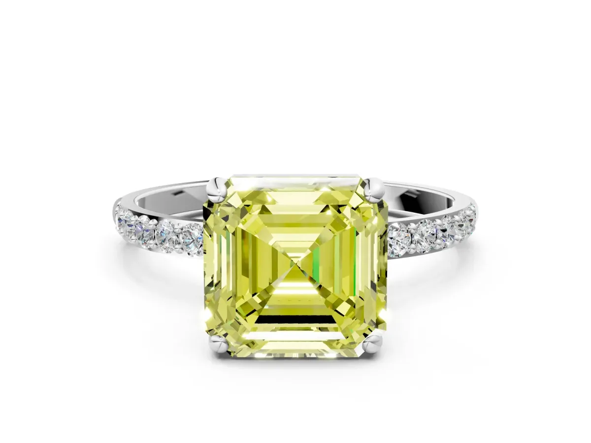 Fancy Yellow Asscher Cut Diamond Solitaire Ring with Round Pavé Band and Prong Setting Platinum