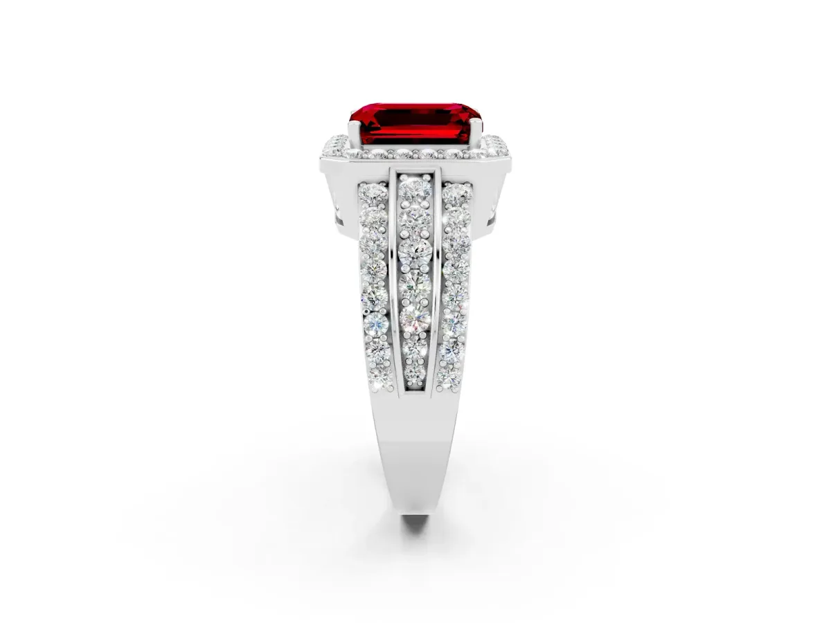 Emerald Cut Halo Ruby Ring with Round Split Shank and Prong Setting White gold