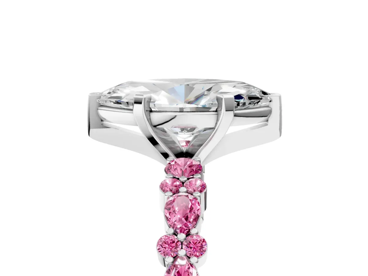 Marquise Cut Diamond Side Stone Solitaire Ring with Round Pink Sapphire and Four-Prong Setting Platinum
