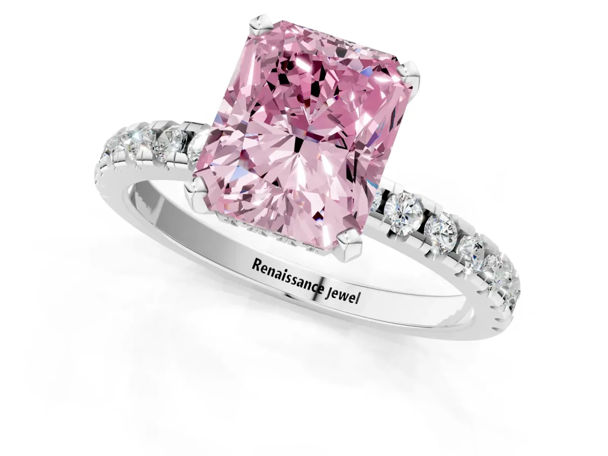Fancy Pink Radiant Cut Diamond Solitaire Ring with Round Pavé Band and Four-Prong Setting Platinum
