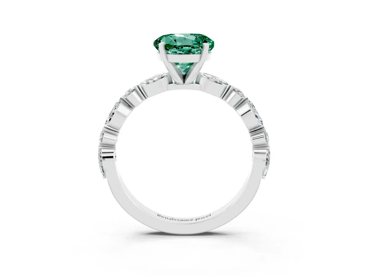 Round Cut Green Sapphire Ring with Marquise and Round Side Stones and Four-Prong Setting Silver