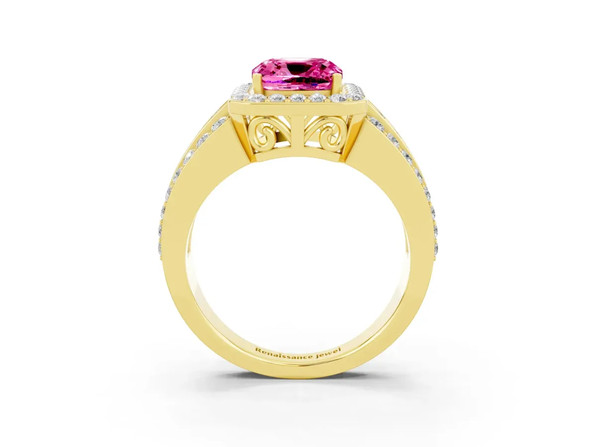 Cushion Cut Halo Pink Sapphire Ring with Round Split Shank and Prong Setting Yellow gold