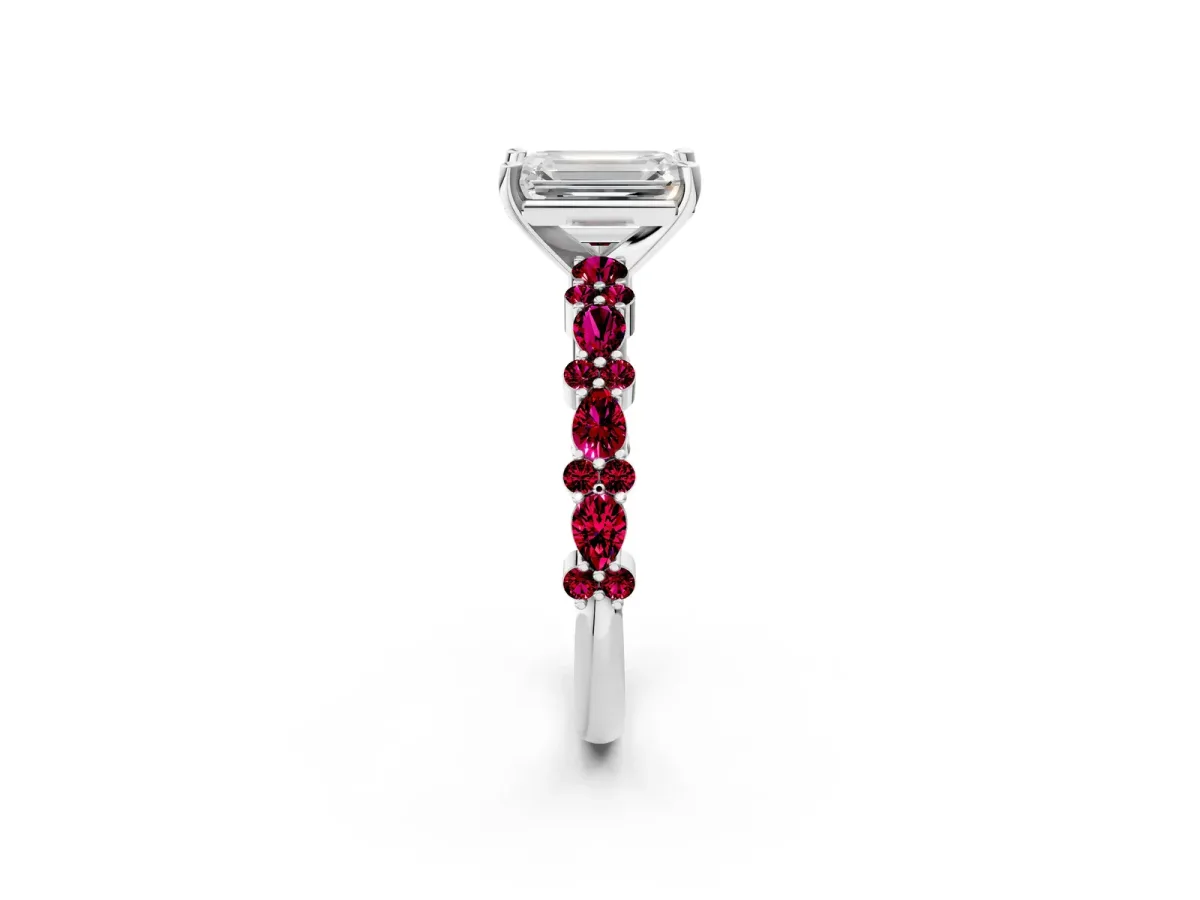 Emerald Cut Diamond Side Stone Solitaire Ring with Round Garnet and Four-Prong Setting Silver