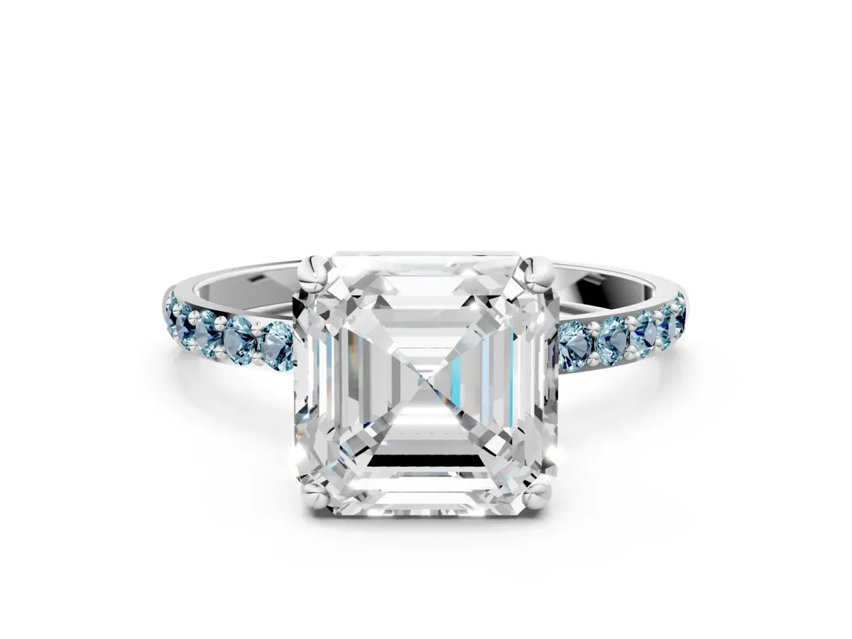 Asscher Cut Diamond Solitaire Ring with Round Aquamarine Pavé Band and Prong Setting Silver