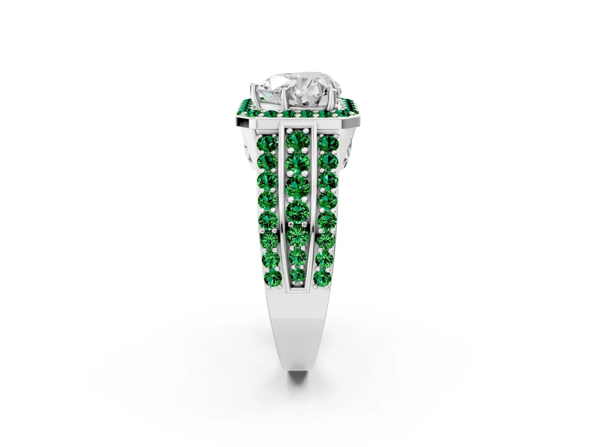 Heart Cut Halo Diamond Ring with Round Emerald Split Shank and Prong Setting Silver