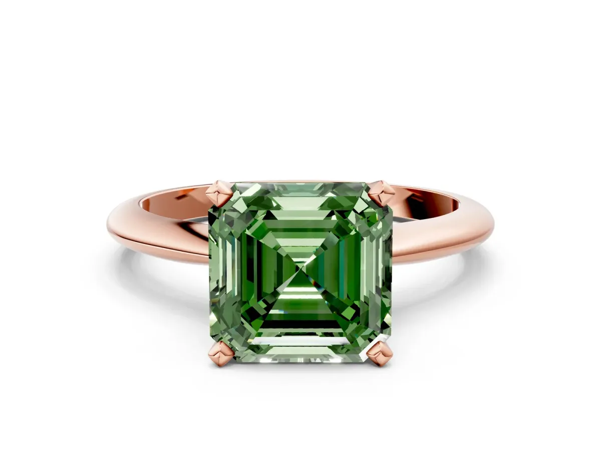 Fancy Green Asscher Cut Diamond Solitaire Engagement Ring with Classic Band and Four-Prong Setting Rose gold
