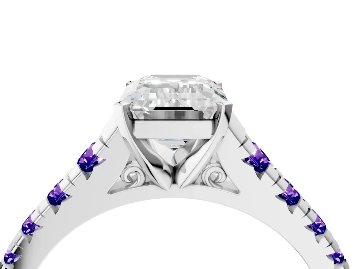 Emerald Cut Diamond Cathedral Solitaire Ring with Round Tanzanite Pavé Band Platinum