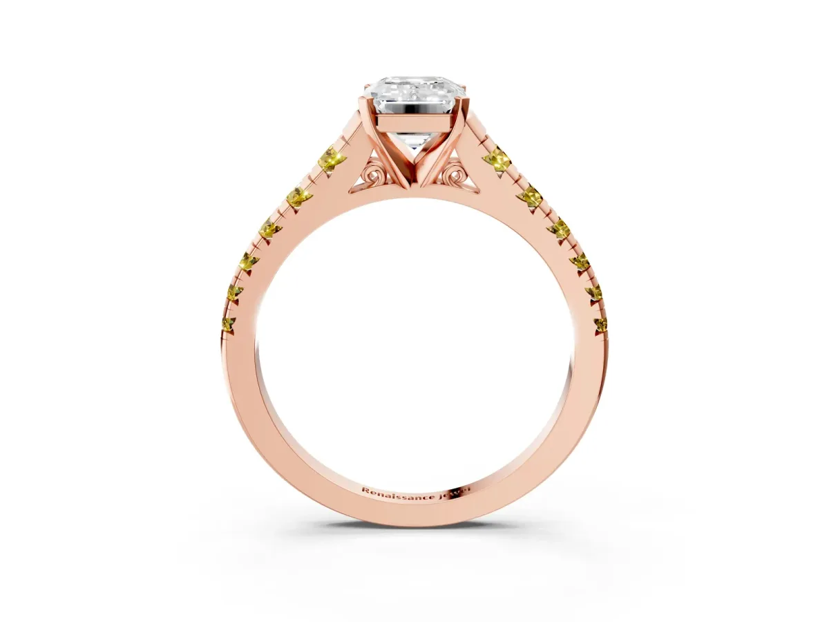 Emerald Cut Diamond Cathedral Solitaire Ring with Round Yellow Sapphire Pavé Band Rose gold