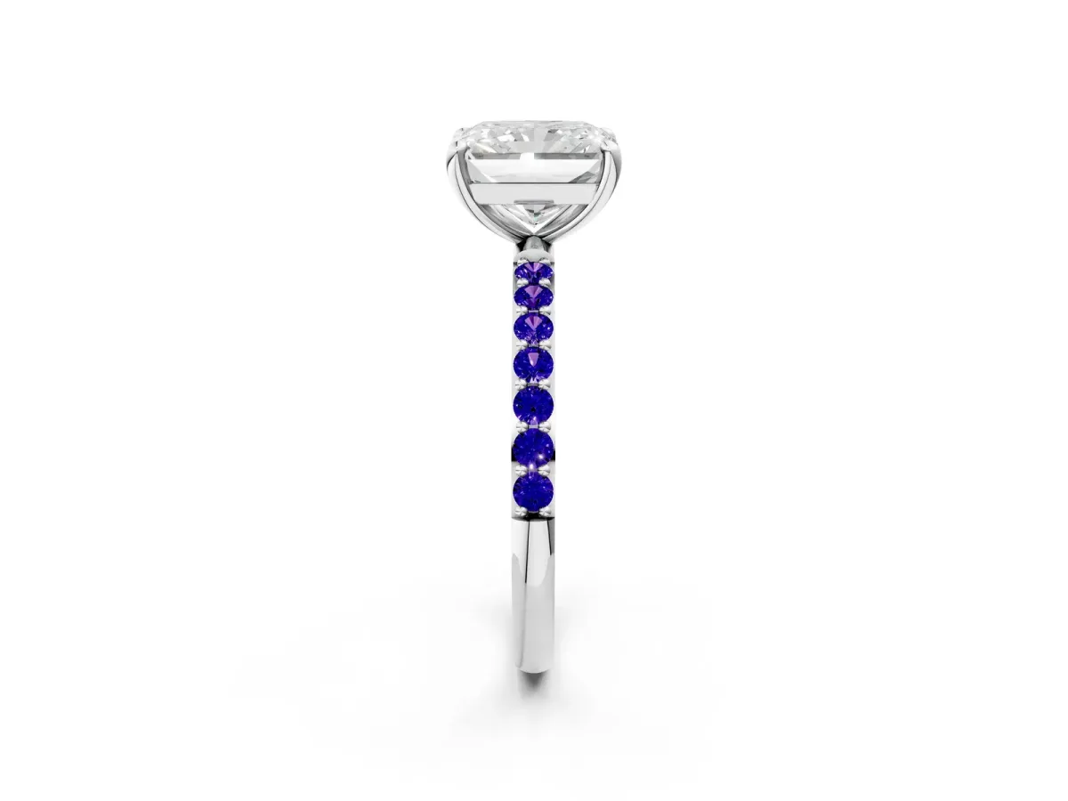 Radiant Cut Diamond Solitaire Ring with Round Tanzanite Pavé Band and Prong Setting Silver
