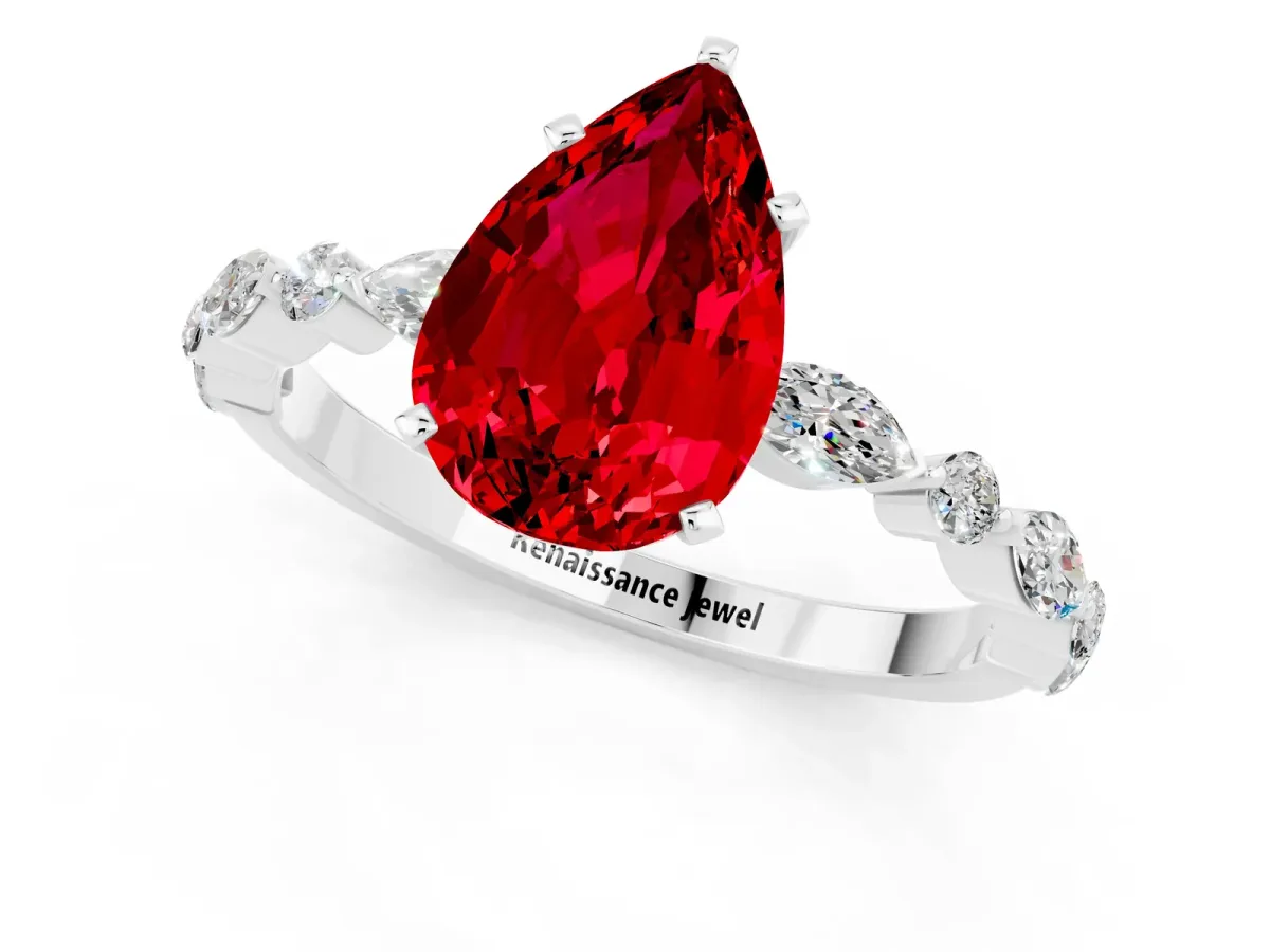 Pear Cut Ruby Ring with Marquise and Round Side Stones and Four-Prong Setting Platinum