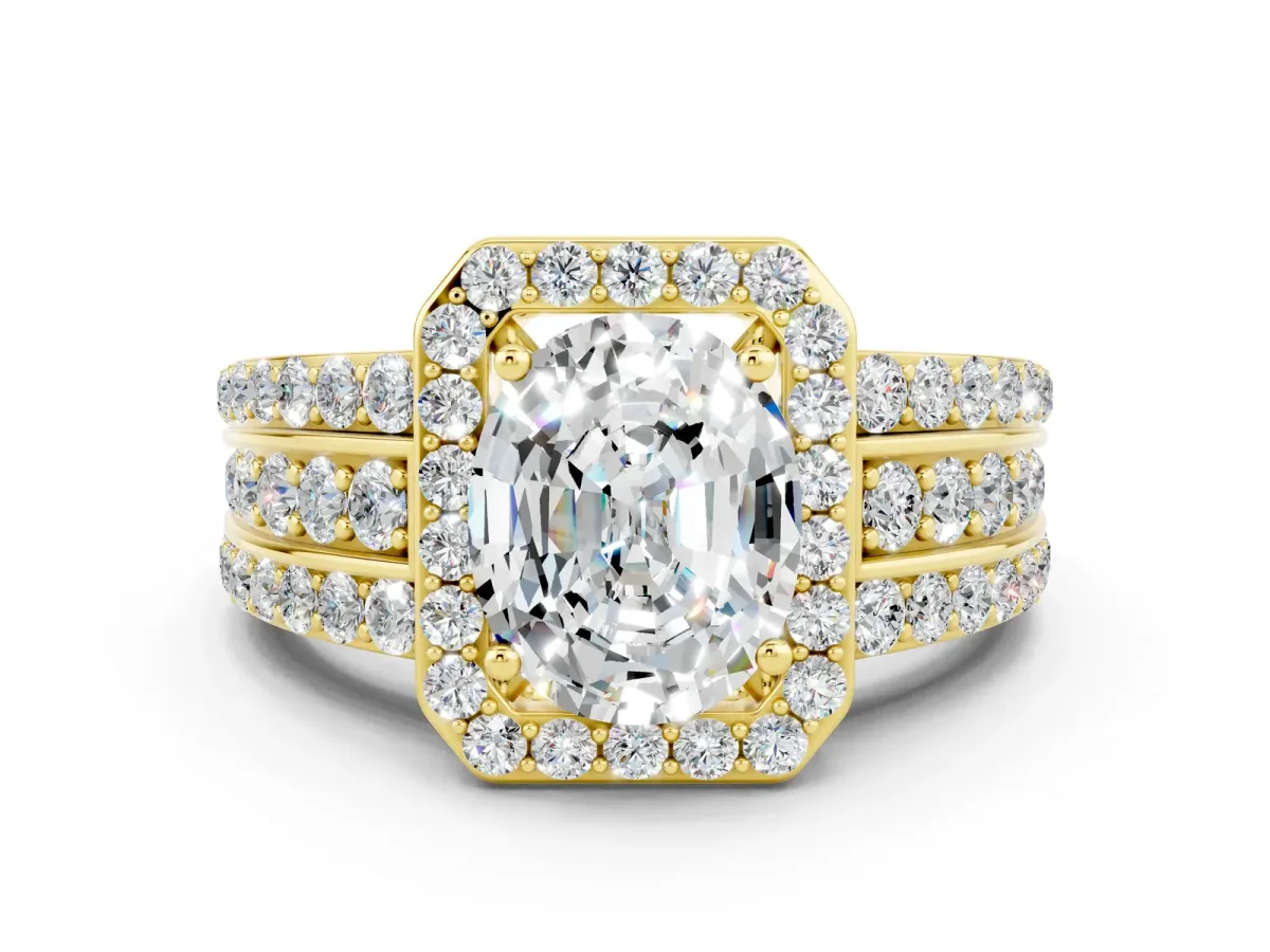 Oval Cut Halo Moissanite Ring with Round Split Shank and Prong Setting Yellow gold