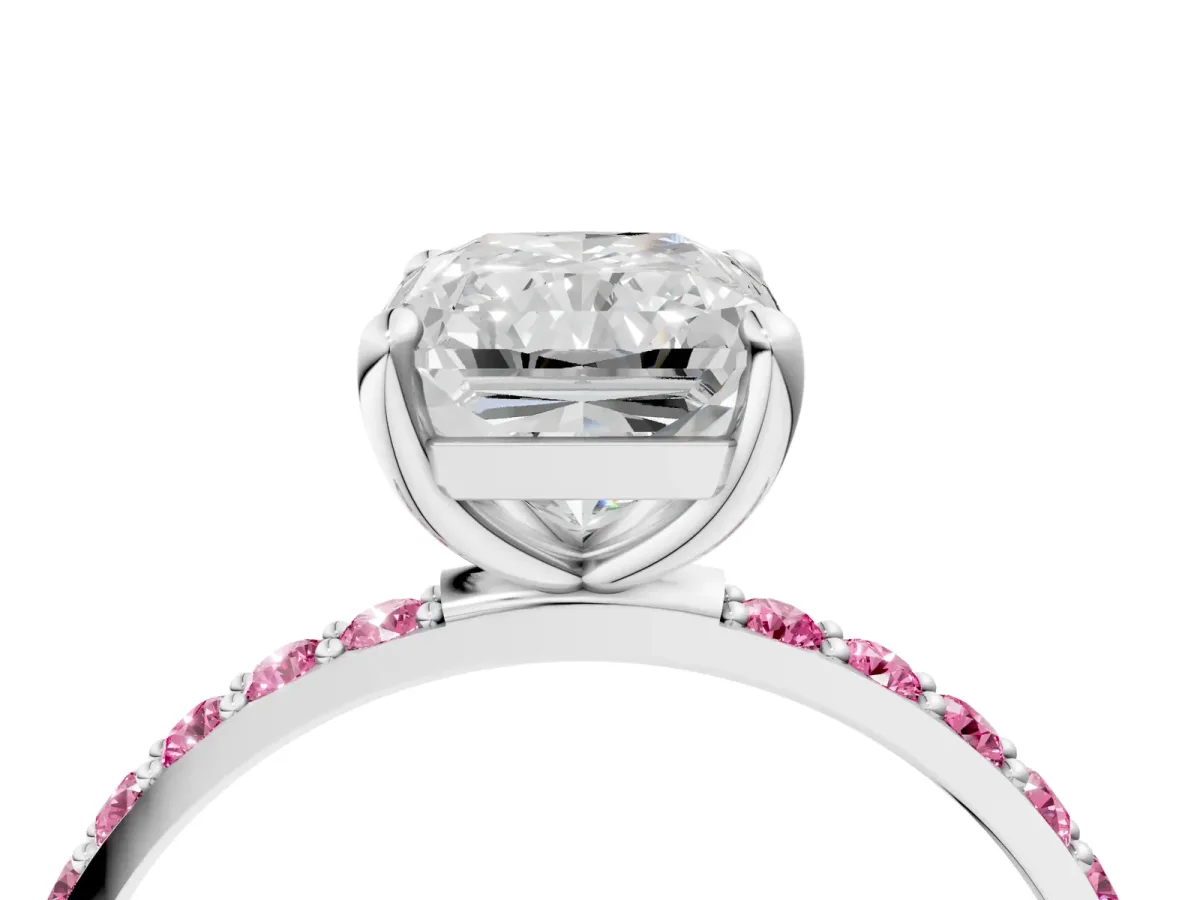 Radiant Cut Diamond Solitaire Ring with Round Pink Sapphire Pavé Band and Prong Setting Silver