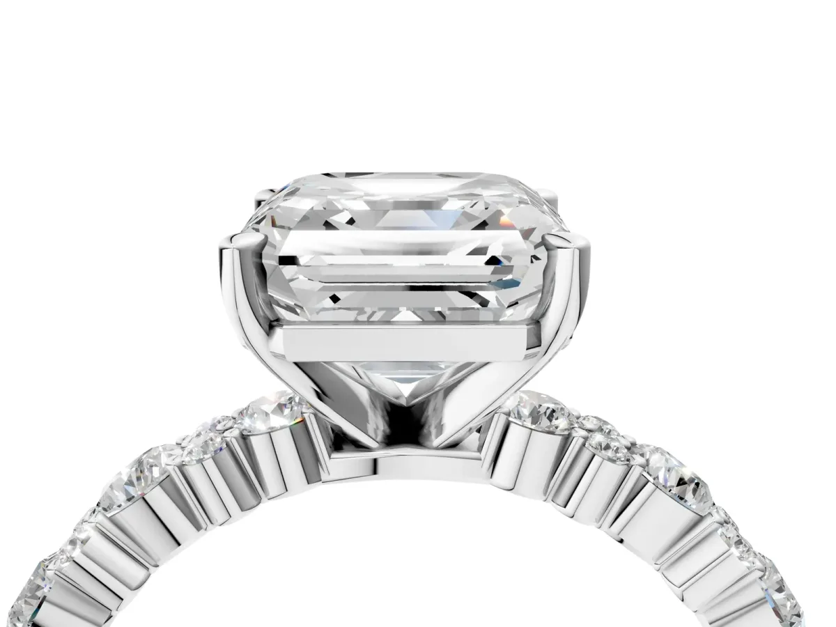 Asscher Cut Diamond Side Stone Solitaire Ring with Round and Four-Prong Setting Platinum