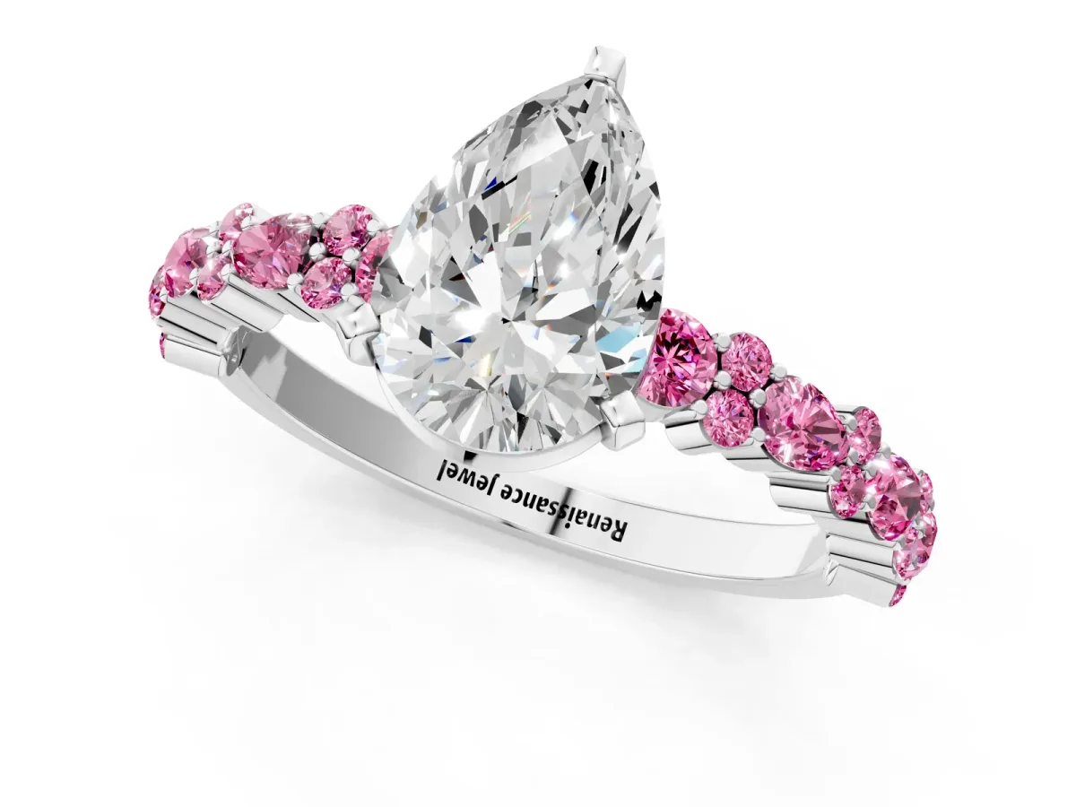 Pear Cut Diamond Side Stone Solitaire Ring with Round Pink Sapphire and Four-Prong Setting Platinum