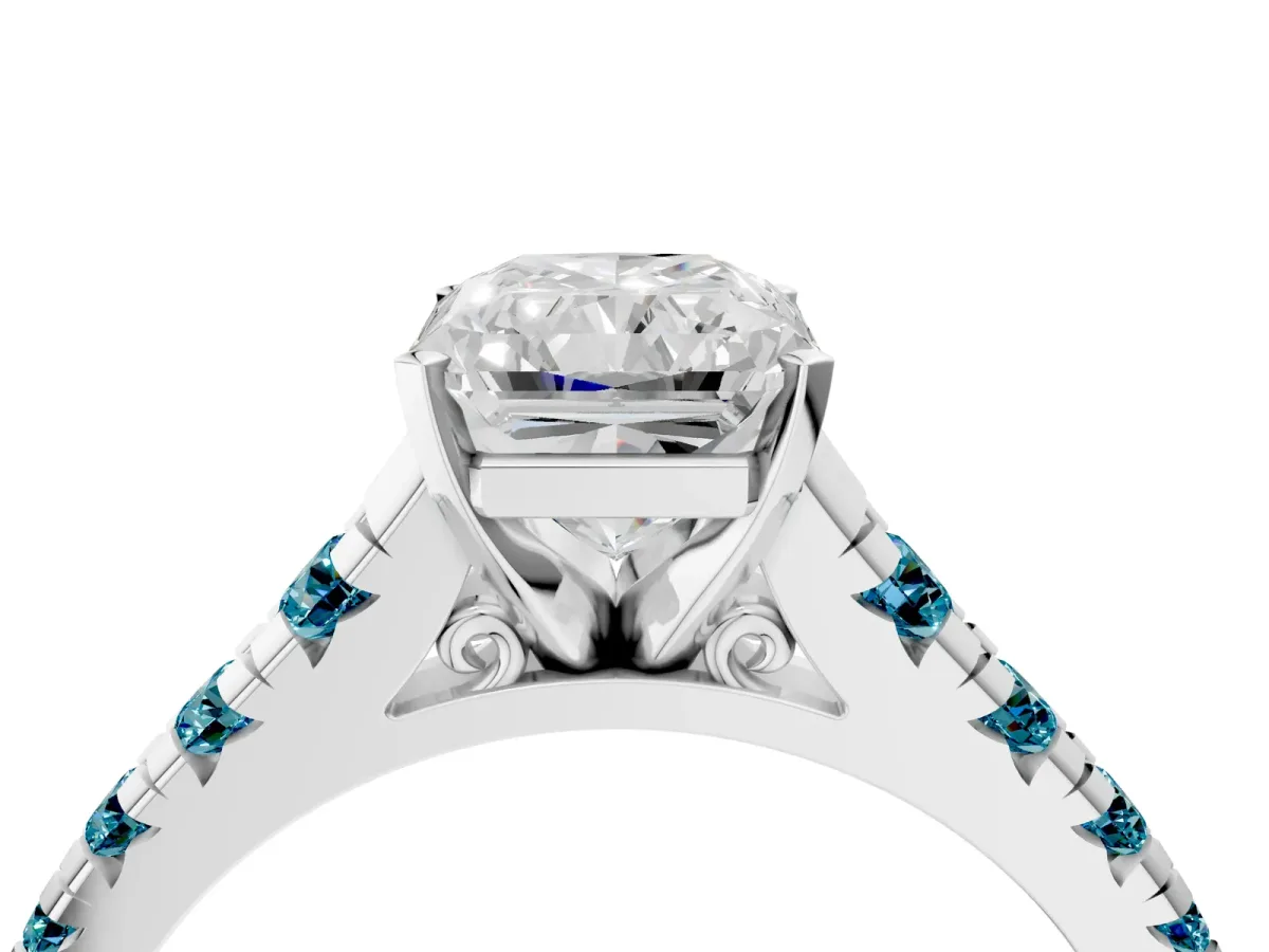 Radiant Cut Diamond Cathedral Solitaire Ring with Round Blue Topaz Pavé Band Silver