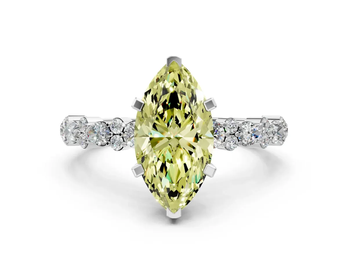 Fancy Yellow Marquise Cut Diamond Side Stone Solitaire Ring with Round and Four-Prong Setting White gold