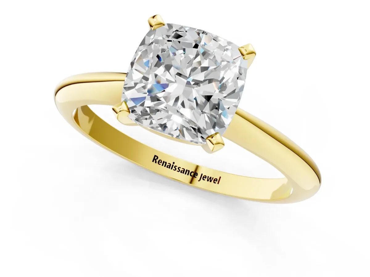 Cushion Cut Diamond Solitaire Engagement Ring with Classic Band and Four-Prong Setting Yellow gold