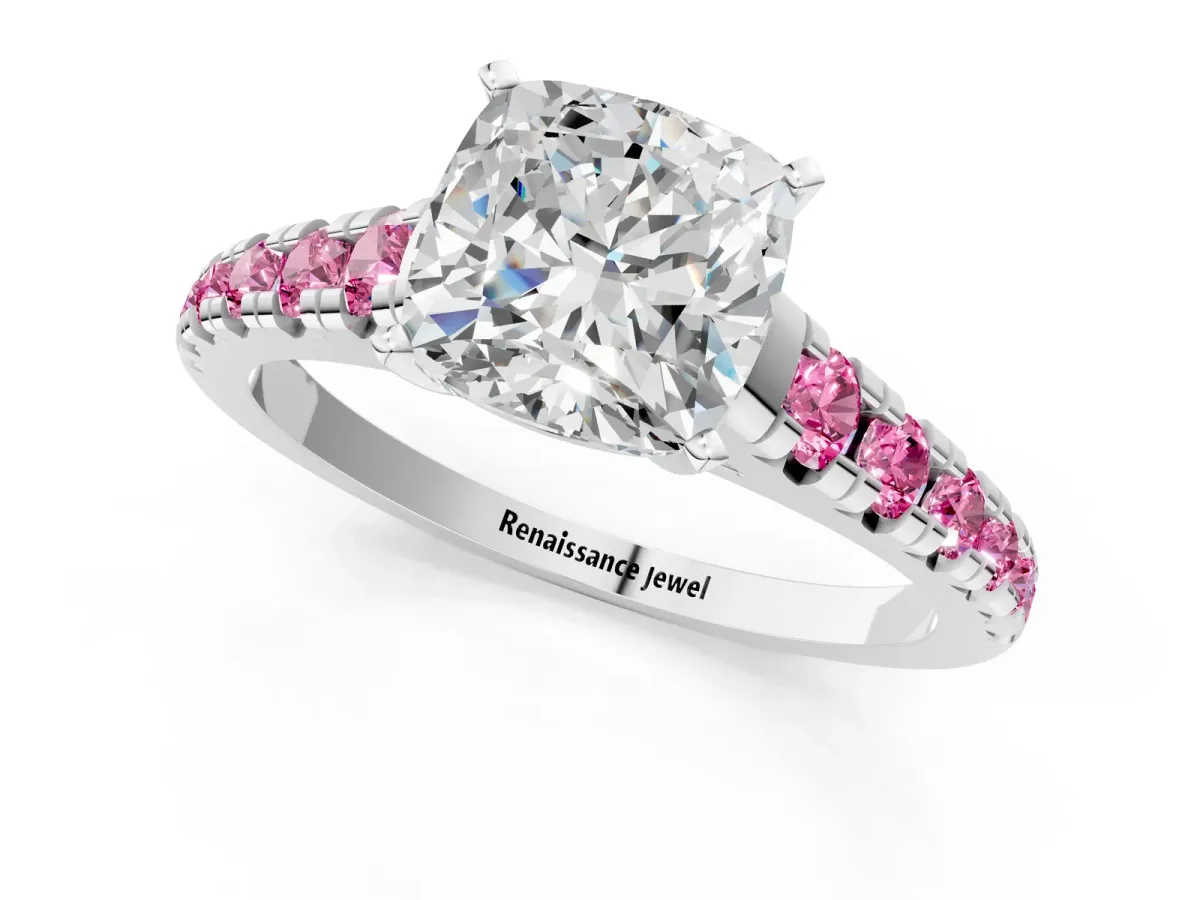 Cushion Cut Diamond Cathedral Solitaire Ring with Round Pink Sapphire Pavé Band Silver