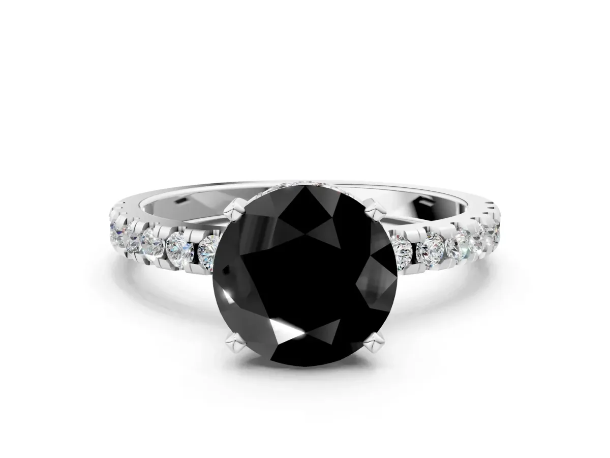 Fancy Black Round Cut Diamond Solitaire Ring with Round Pavé Band and Four-Prong Setting White gold