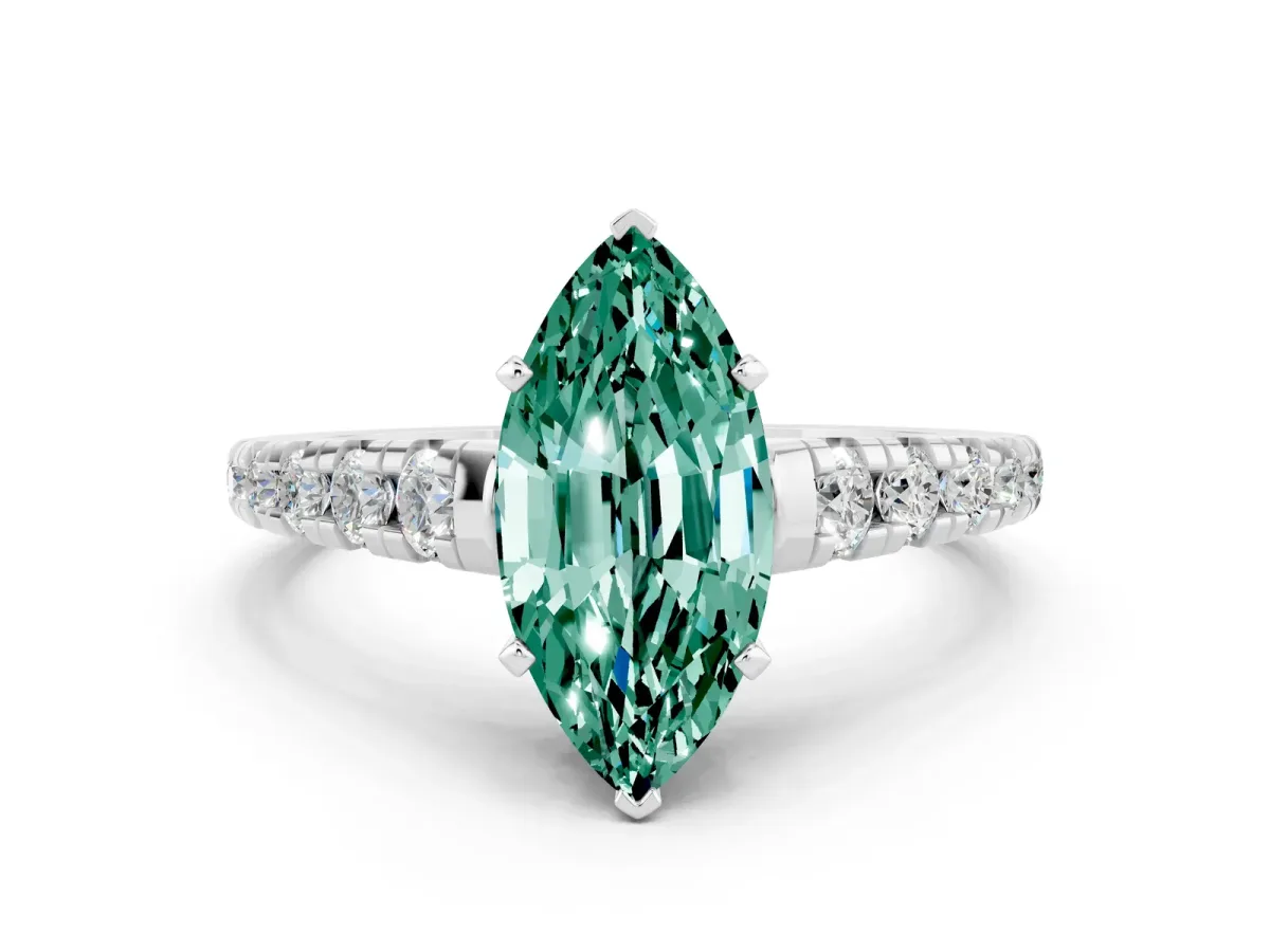 Marquise Cut Green Sapphire Cathedral Solitaire Ring with Round Pavé Band Silver
