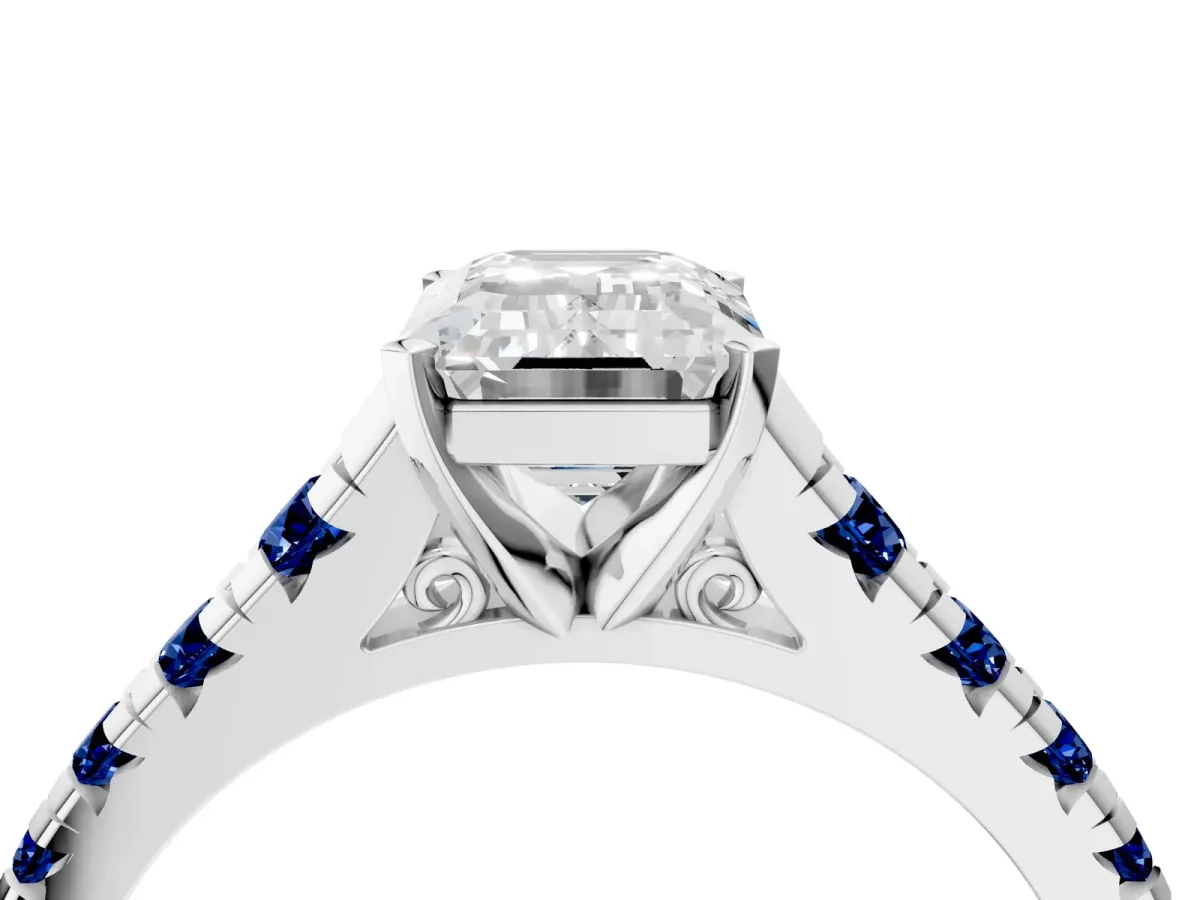 Emerald Cut Diamond Cathedral Solitaire Ring with Round Blue Sapphire Pavé Band Silver