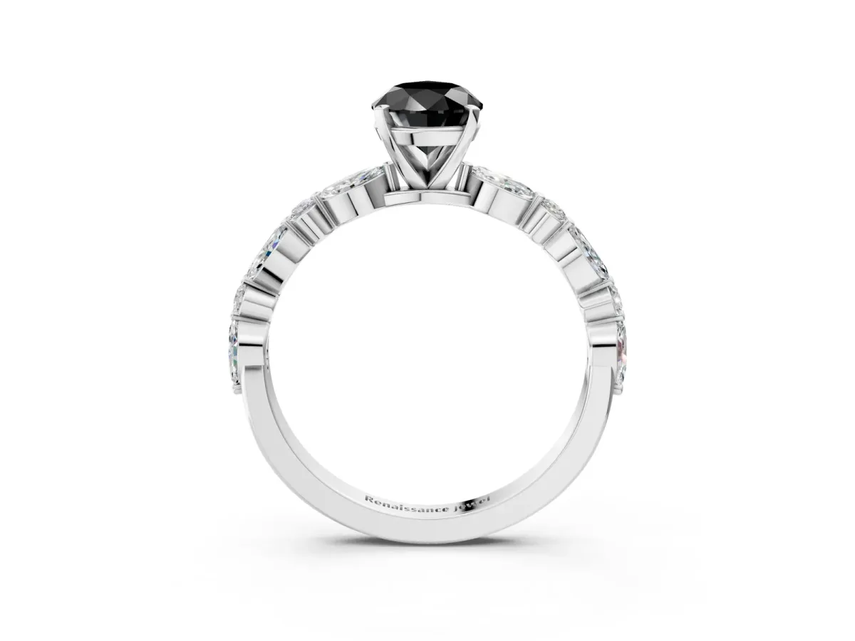 Fancy Black Pear Cut Diamond Ring with Marquise and Round Side Stones and Four-Prong Setting Platinum