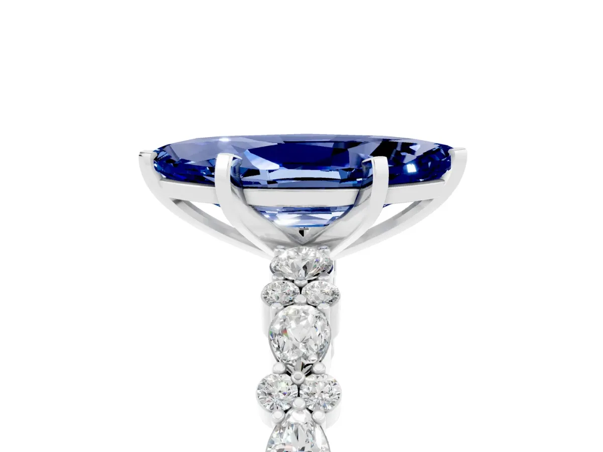 Marquise Cut Blue Sapphire Side Stone Solitaire Ring with Round and Four-Prong Setting Silver