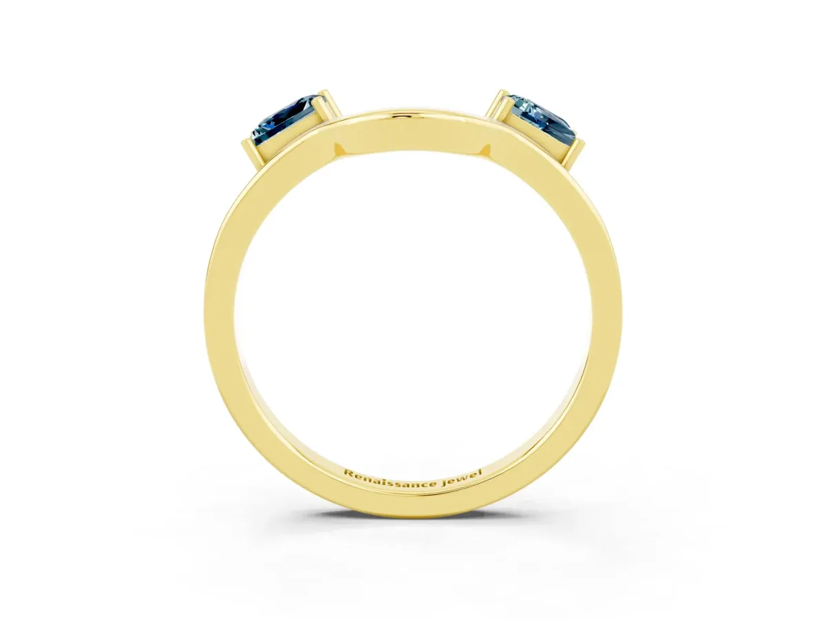 Princess Cut Aquamarine Two-Stone Open Band Ring with Four-Prong Setting Yellow gold