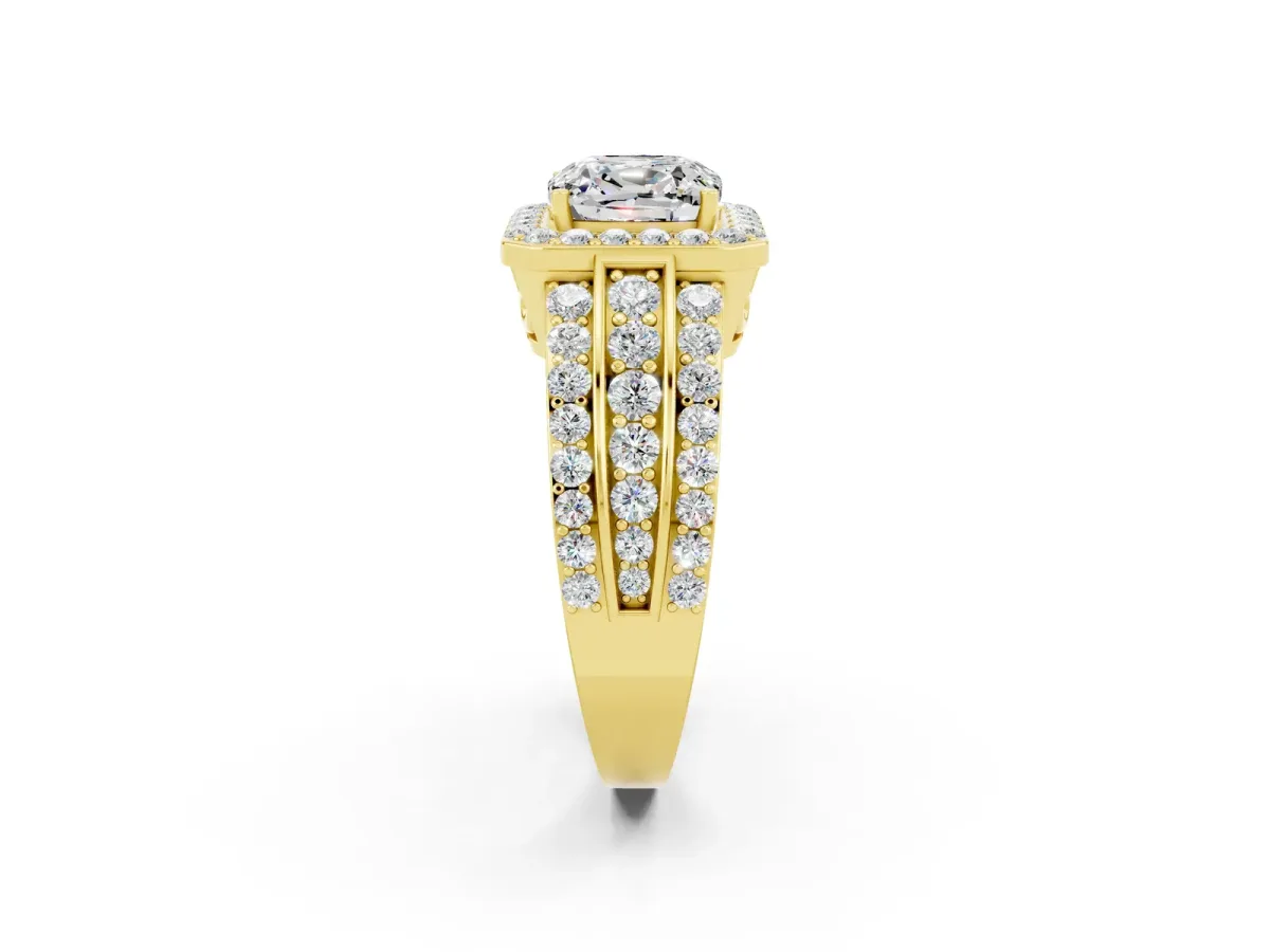 Cushion Cut Halo Moissanite Ring with Round Split Shank and Prong Setting Yellow gold