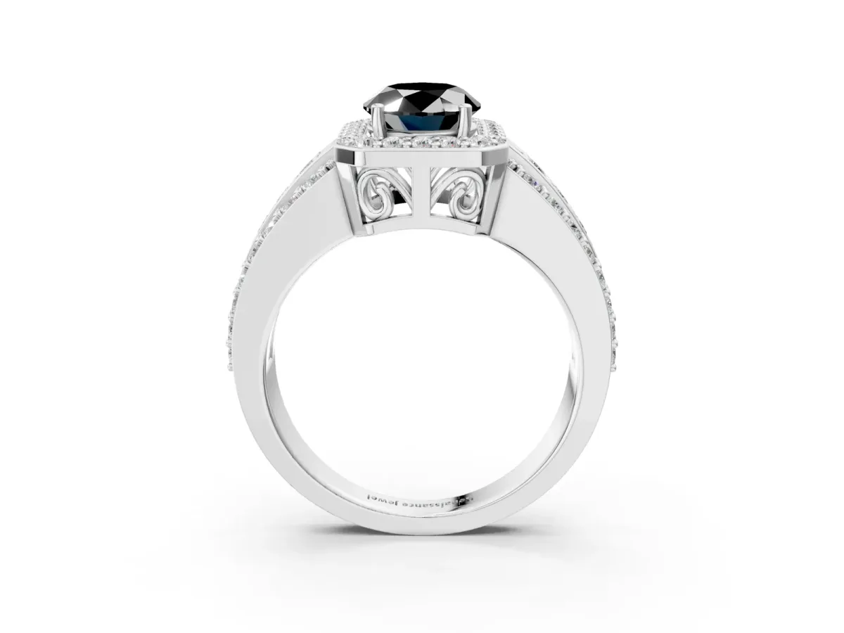 Fancy Black Oval Cut Halo Diamond Ring with Round Split Shank and Prong Setting Silver