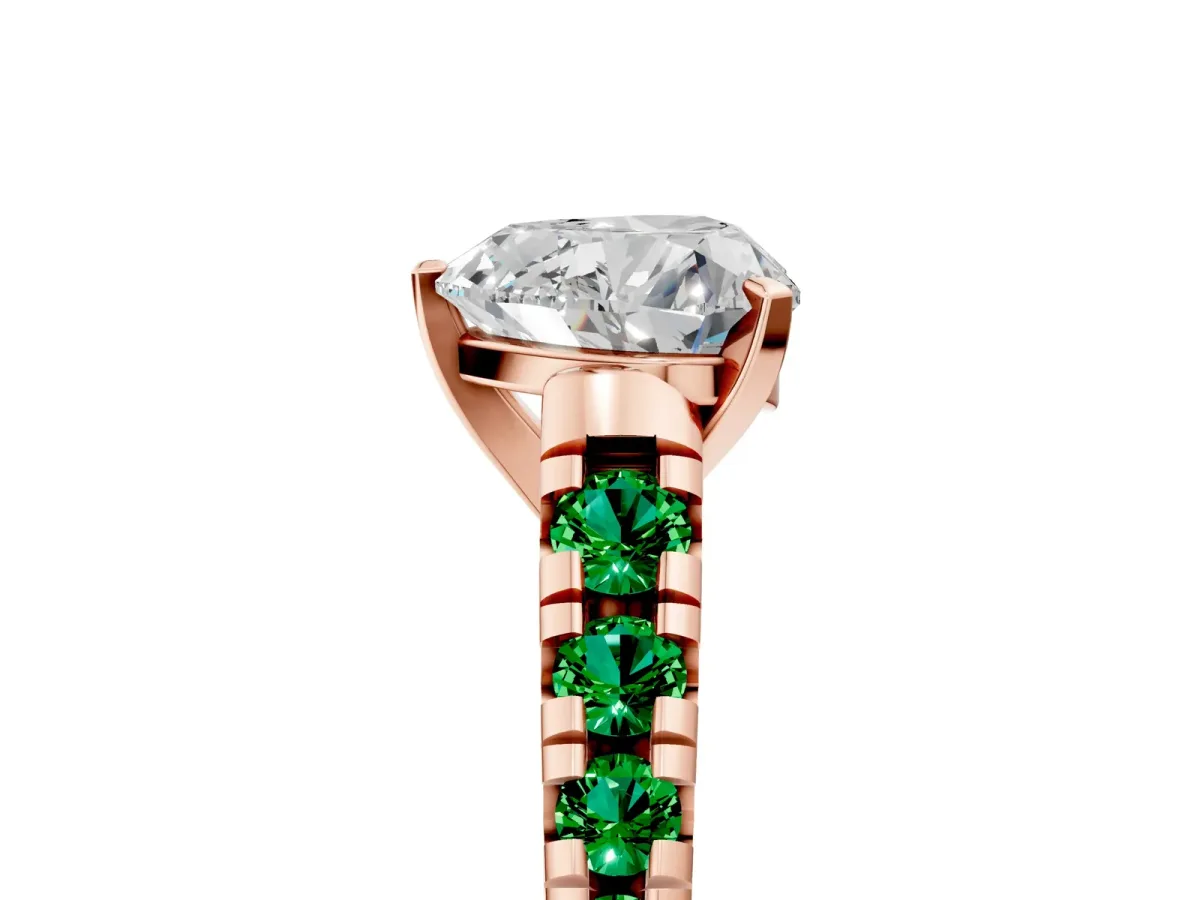 Heart Cut Diamond Cathedral Solitaire Ring with Round Emerald Pavé Band Rose gold