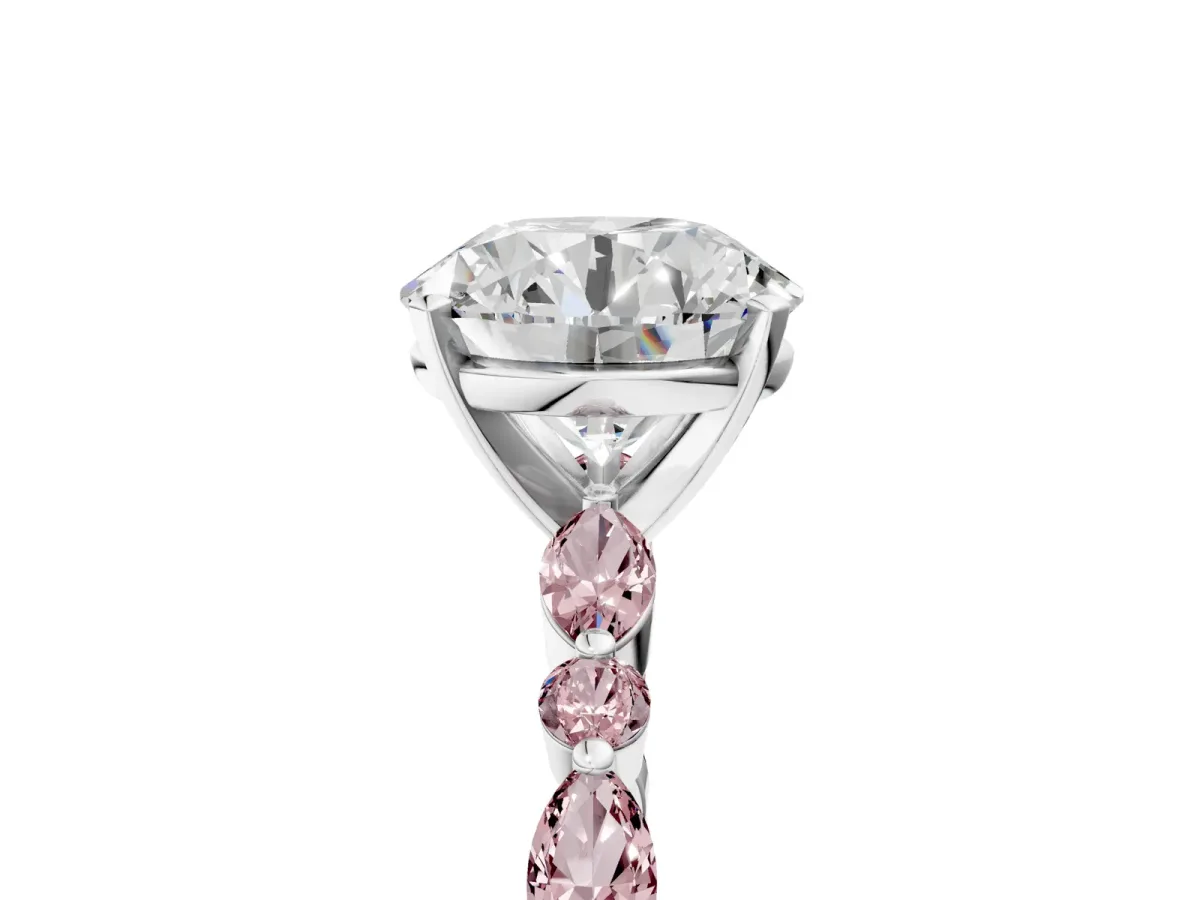 Round Cut Diamond Ring with Marquise and Round Morganite Side Stones and Four-Prong Setting Silver