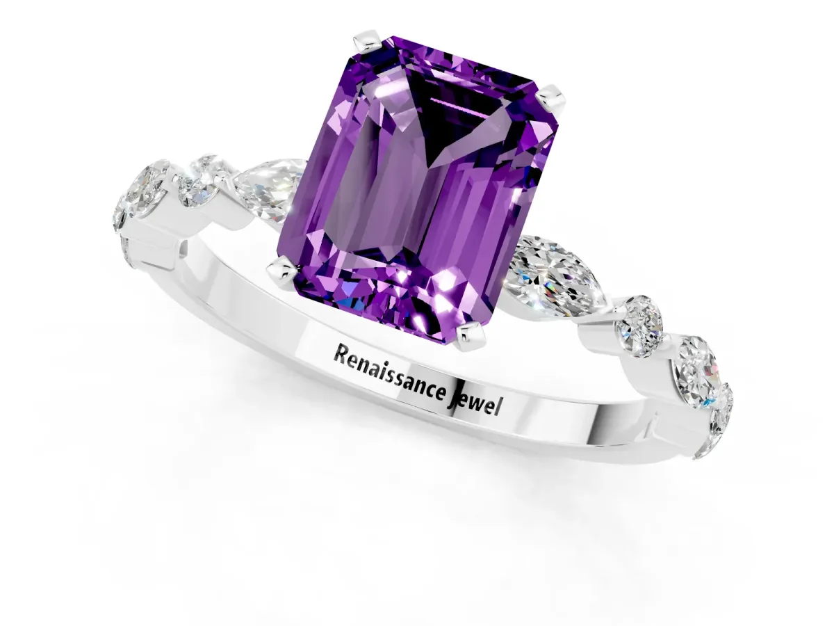 Emerald Cut Amethyst Ring with Marquise and Round Side Stones and Four-Prong Setting White gold