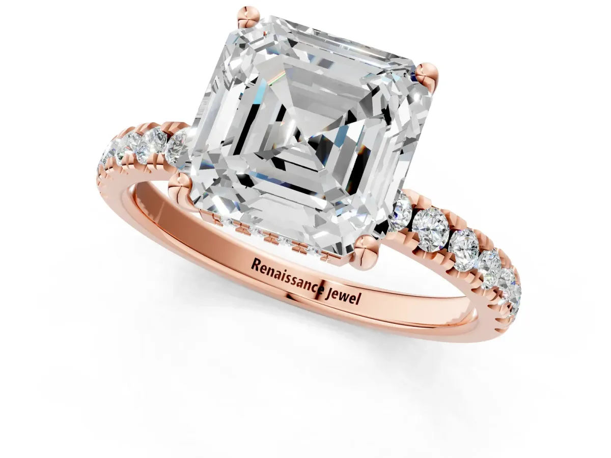 Asscher Cut Diamond Pave Band Solitaire Ring with Round Moissanite and Prong Setting Rose gold