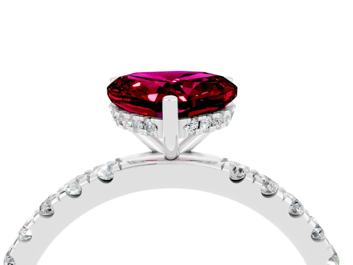 Heart Cut Garnet Pave Band Solitaire Ring with Round and Prong Setting Platinum
