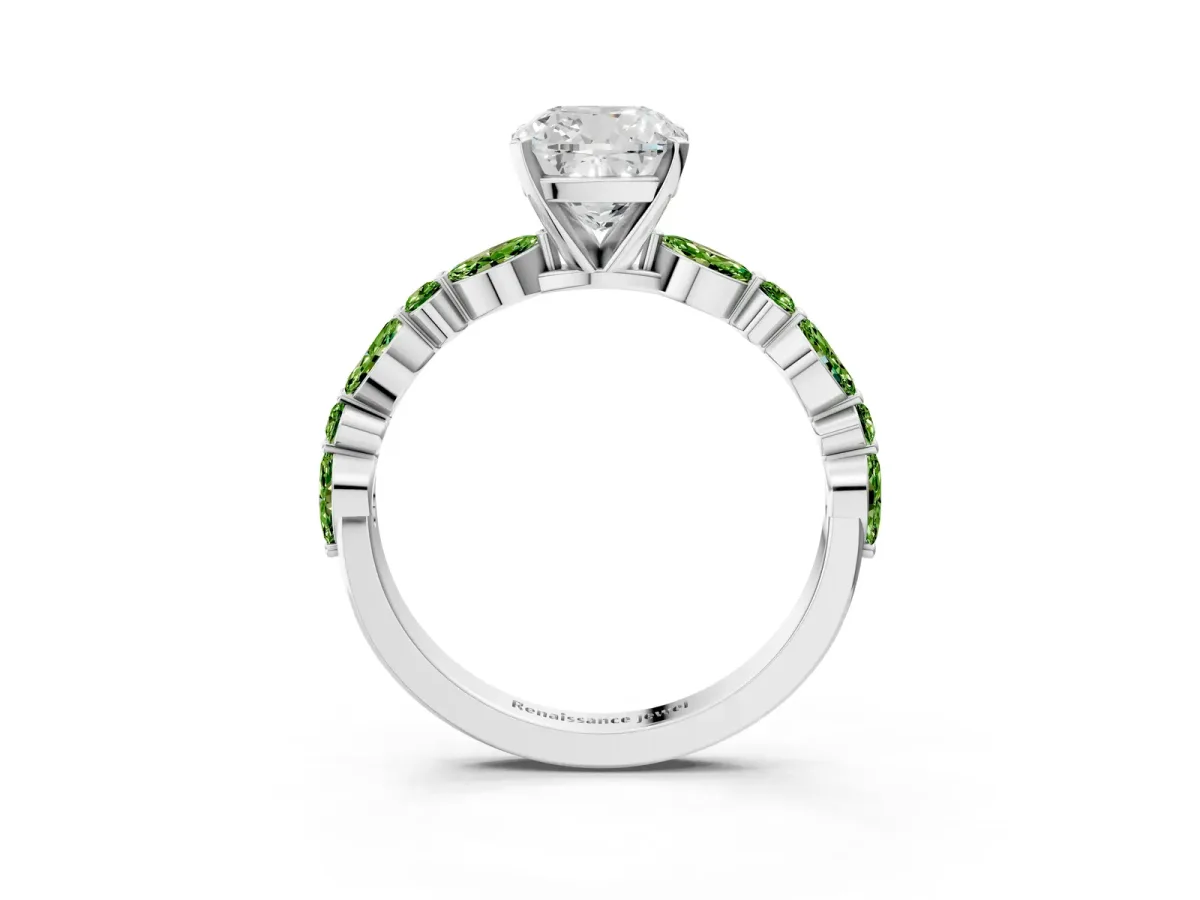 Cushion Cut Diamond Ring with Marquise and Round Peridot Side Stones and Four-Prong Setting Silver
