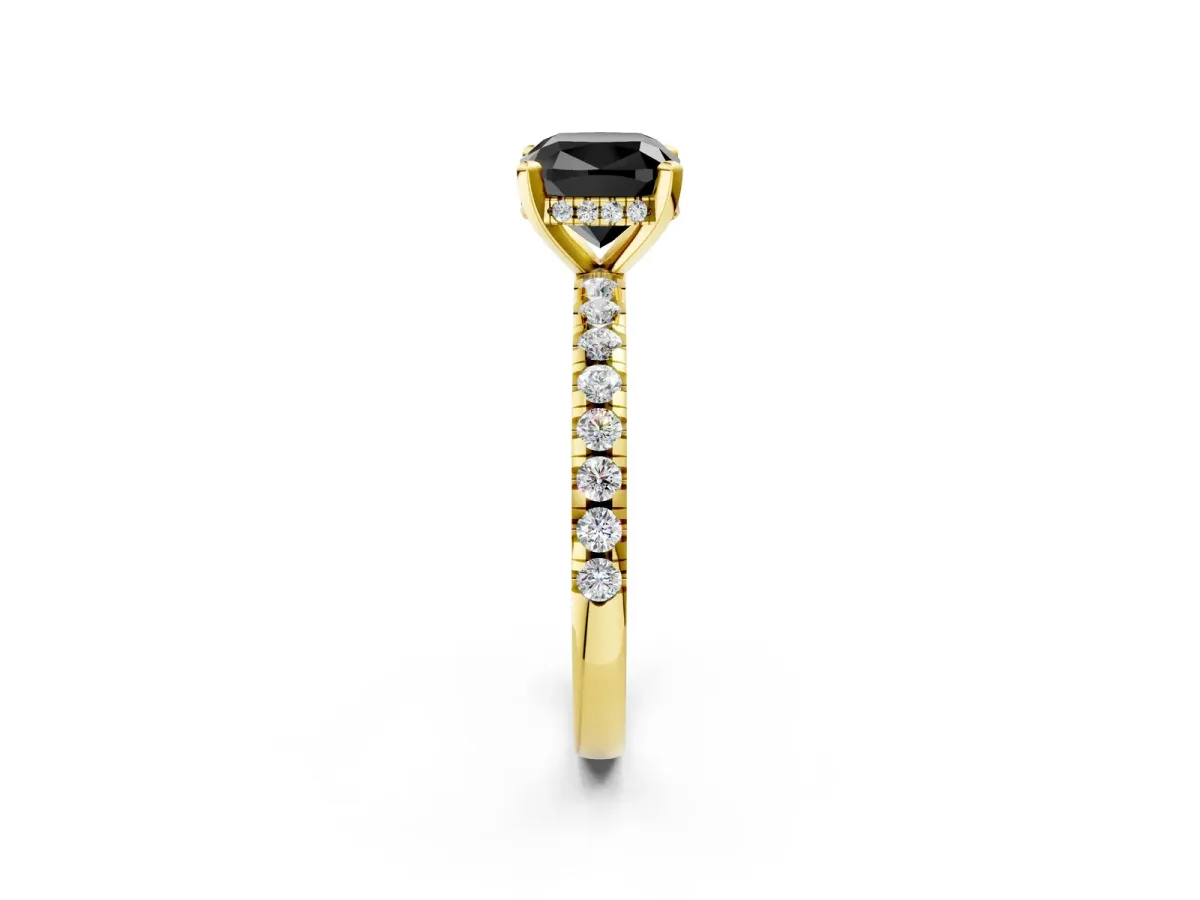 Fancy Black Cushion Cut Diamond Solitaire Ring with Round Pavé Band and Four-Prong Setting Yellow gold