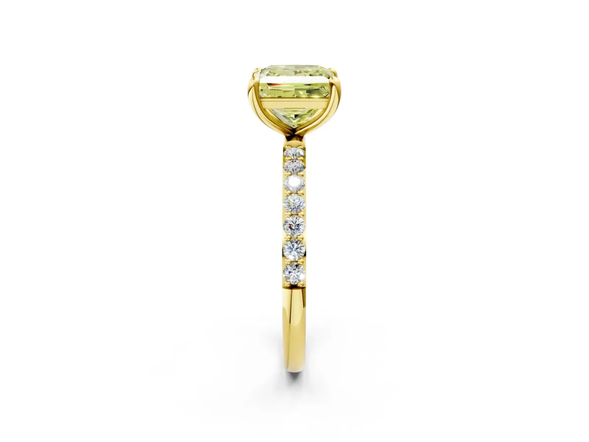 Fancy Yellow Princess Cut Diamond Solitaire Ring with Round Pavé Band and Prong Setting Yellow gold