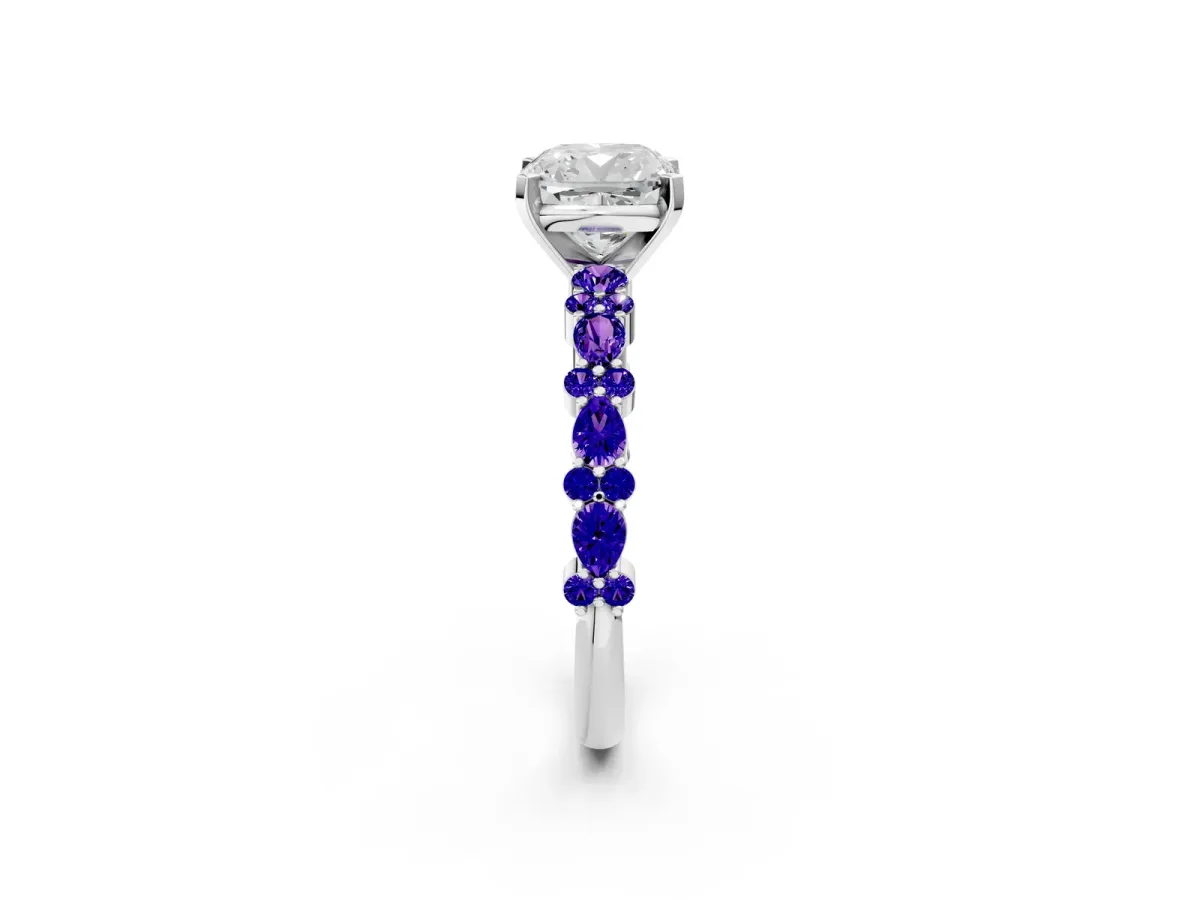 Cushion Cut Diamond Side Stone Solitaire Ring with Round Tanzanite and Four-Prong Setting White gold