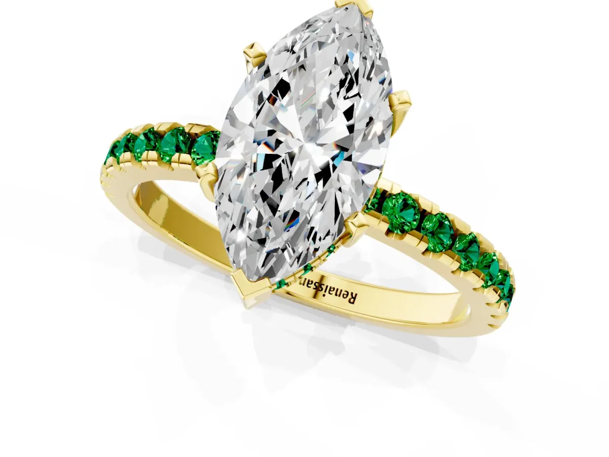 Marquise Cut Diamond Solitaire Ring with Round Emerald Pavé Band and Four-Prong Setting Yellow gold