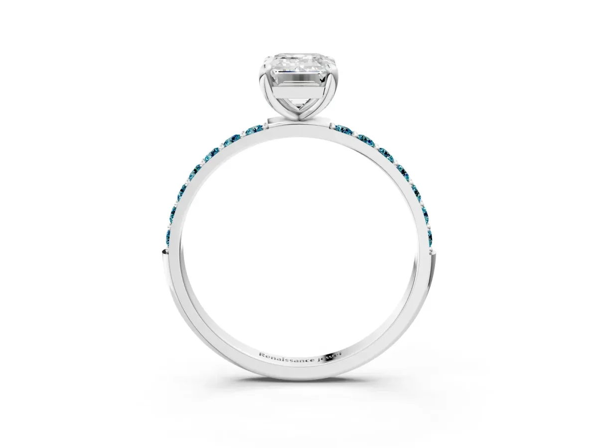 Emerald Cut Diamond Solitaire Ring with Round Blue Topaz Pavé Band and Prong Setting Silver