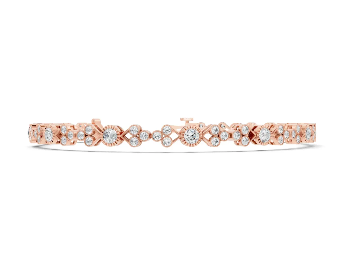 Round Cut Diamond Tennis Bracelet with Bezel Setting and Milgrain Band Rose gold
