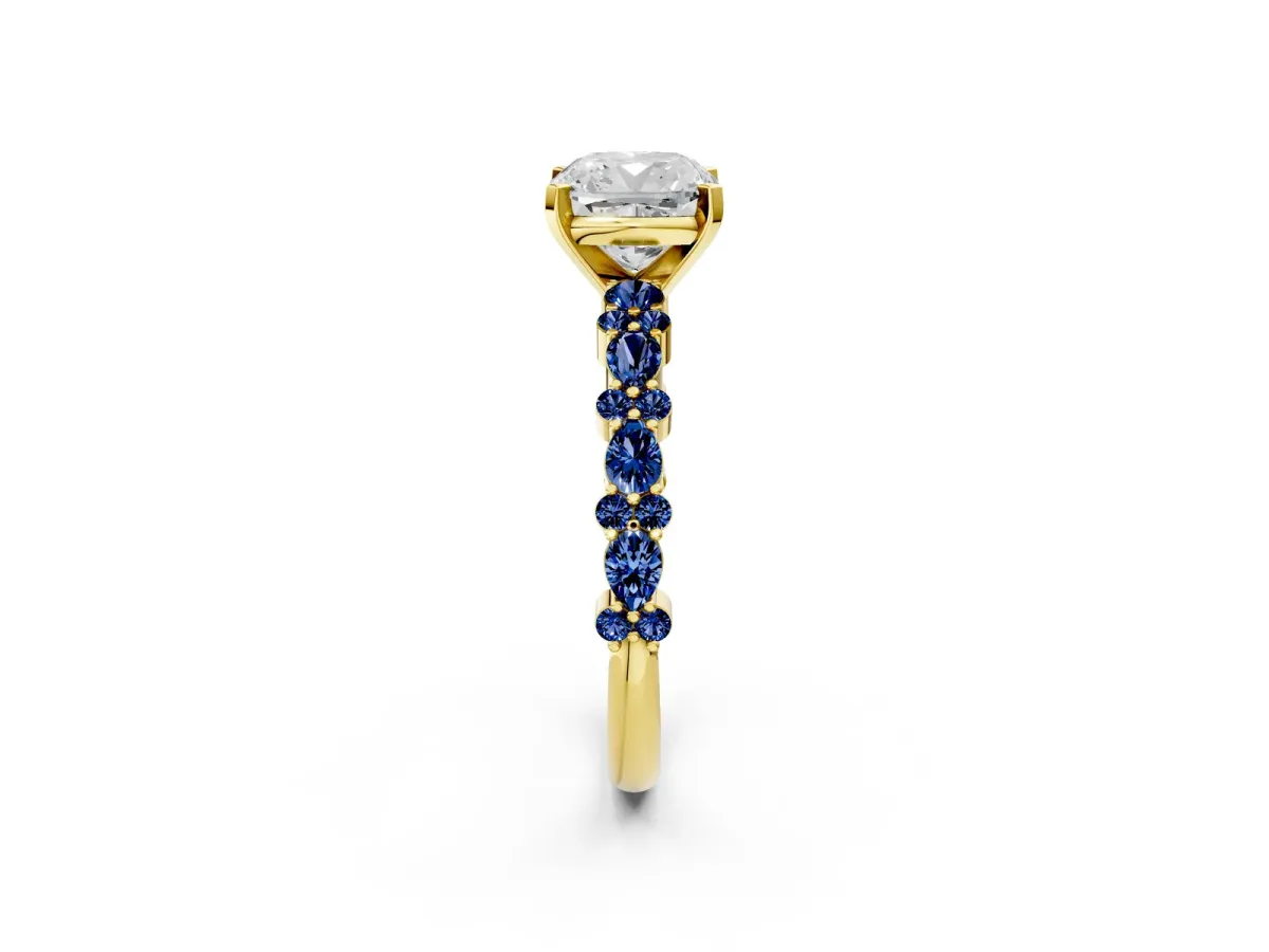 Cushion Cut Diamond Side Stone Solitaire Ring with Round Blue Sapphire and Four-Prong Setting Yellow gold