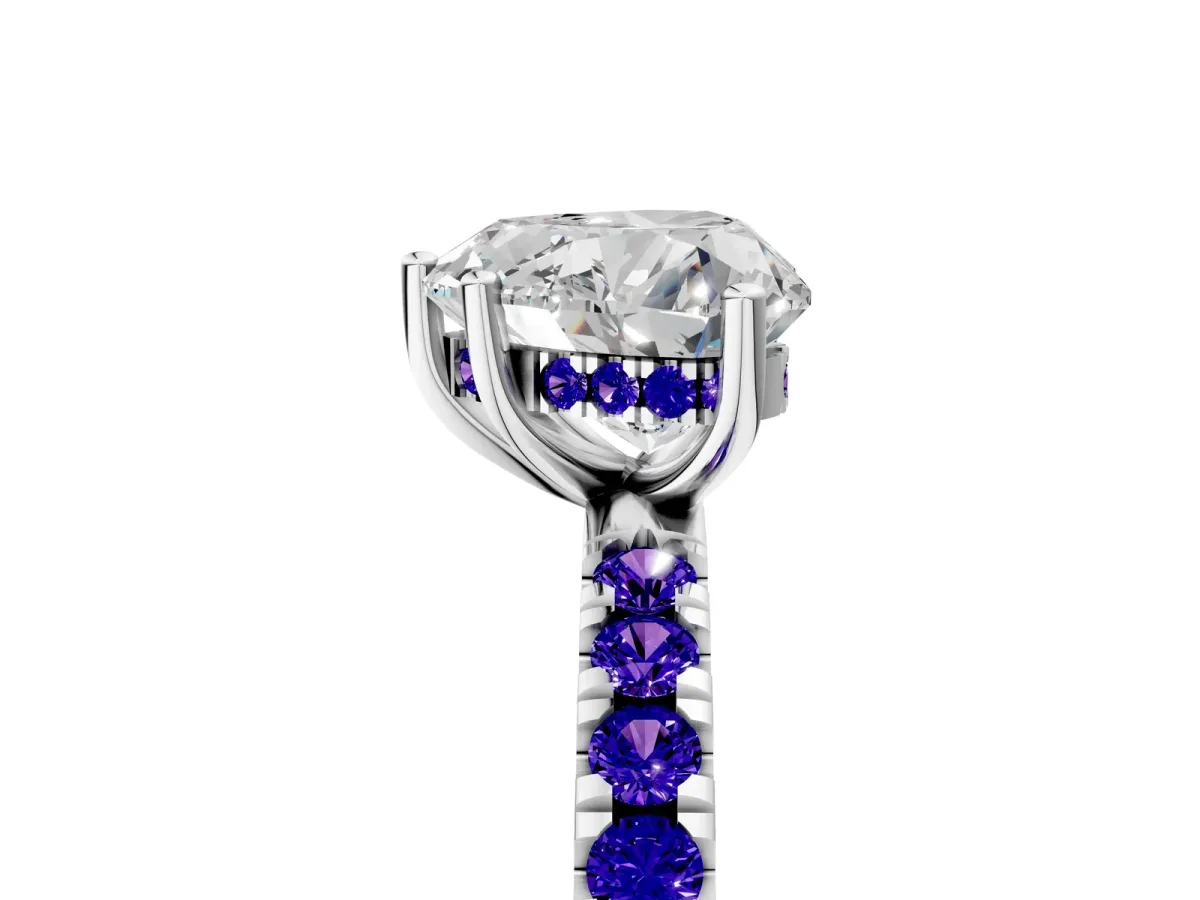 Heart Cut Diamond Pave Band Solitaire Ring with Round Tanzanite and Prong Setting Silver