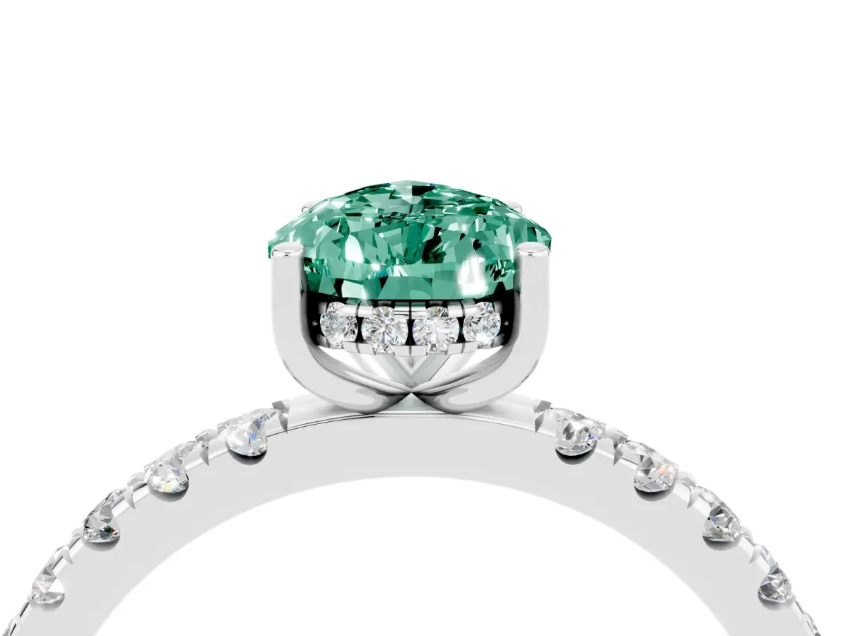 Pear Cut Green Sapphire Pave Band Solitaire Ring with Round and Prong Setting White gold