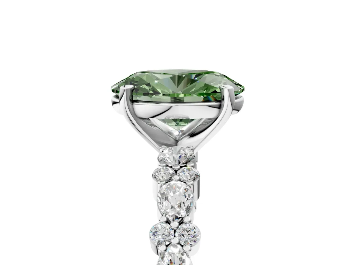 Fancy Green Oval Cut Diamond Side Stone Solitaire Ring with Round and Four-Prong Setting Platinum