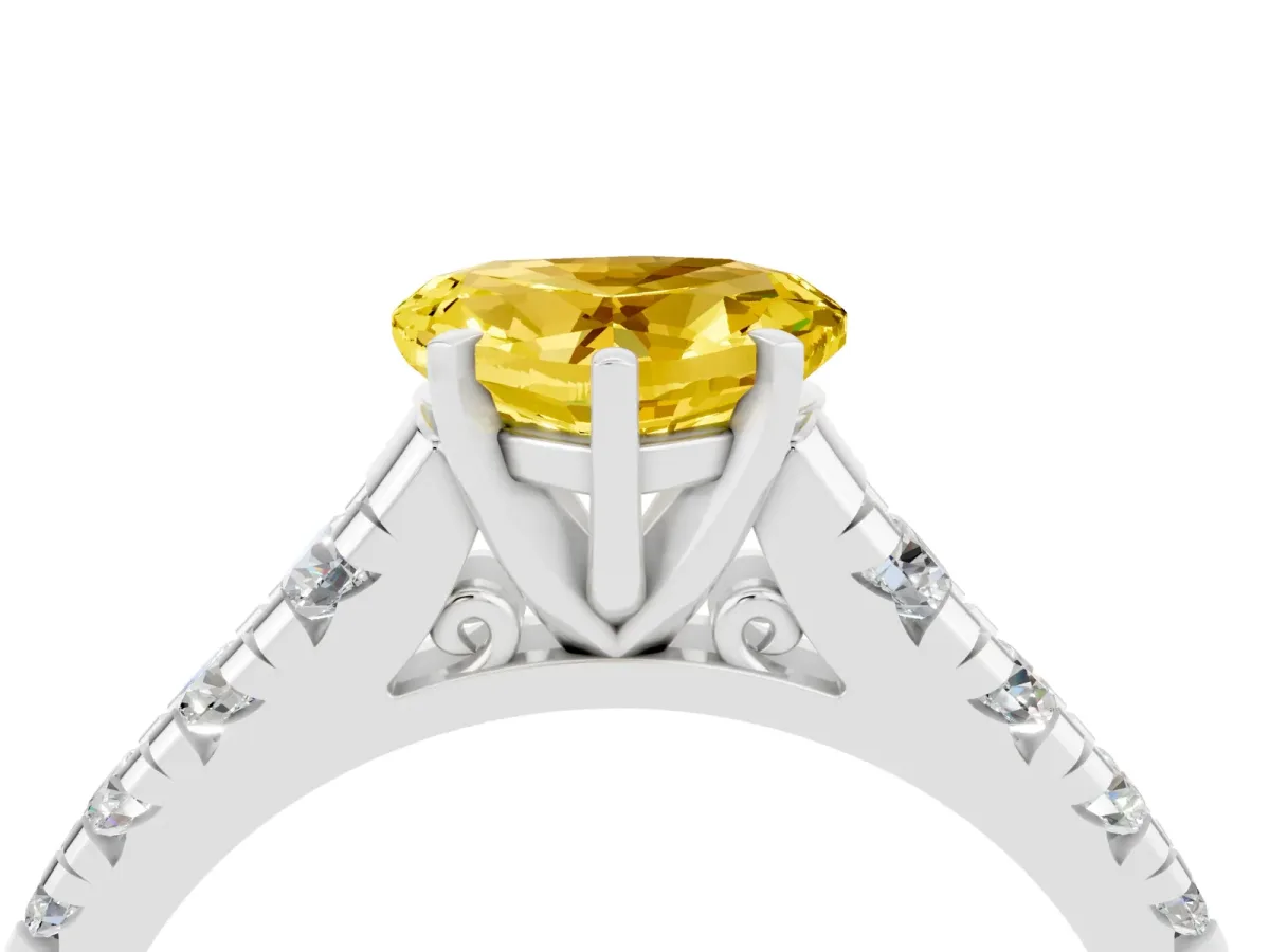 Heart Cut Yellow Sapphire Cathedral Solitaire Ring with Round Pavé Band Platinum