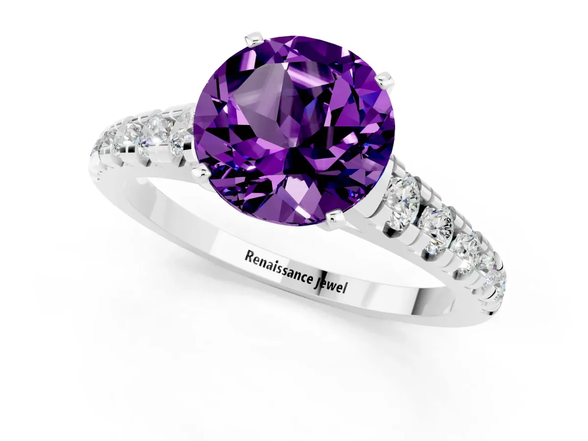 Round Cut Amethyst Cathedral Solitaire Ring with Round Pavé Band White gold